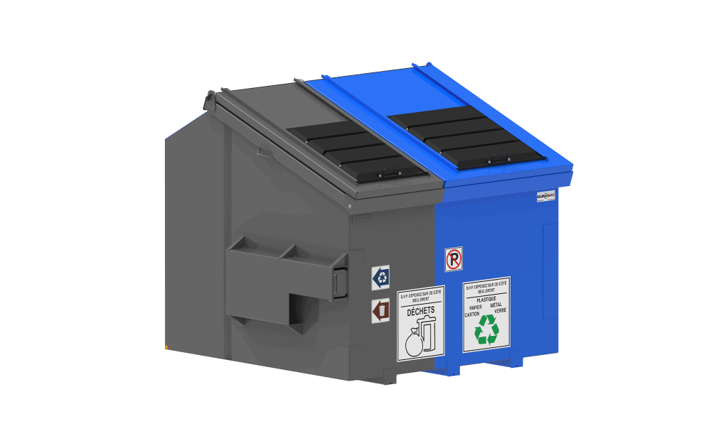 Steel container features two compartments: 40% for waste and 60% for recycling