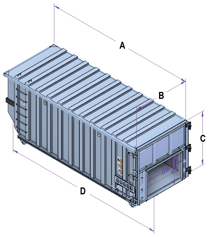 Tech drawing of Extra-Robust roll-off compaction container