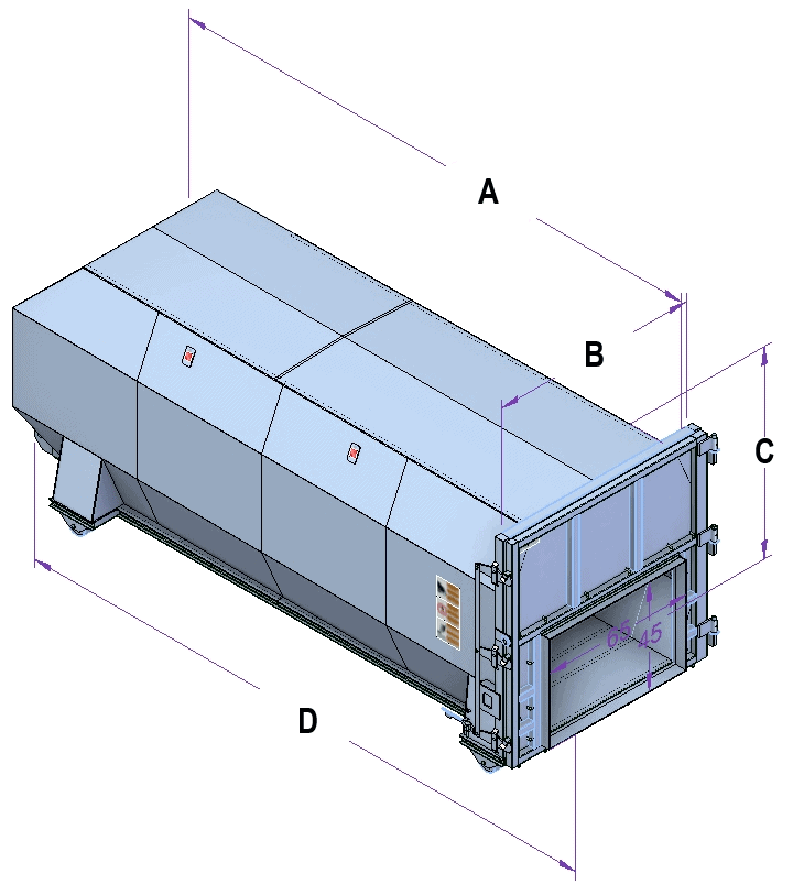 Tech drawing of octagonal roll-off compaction container
