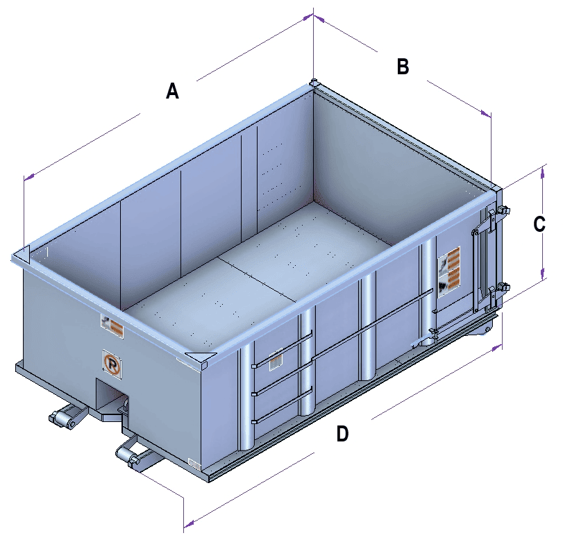 Technical drawing of standard mini roll-off container