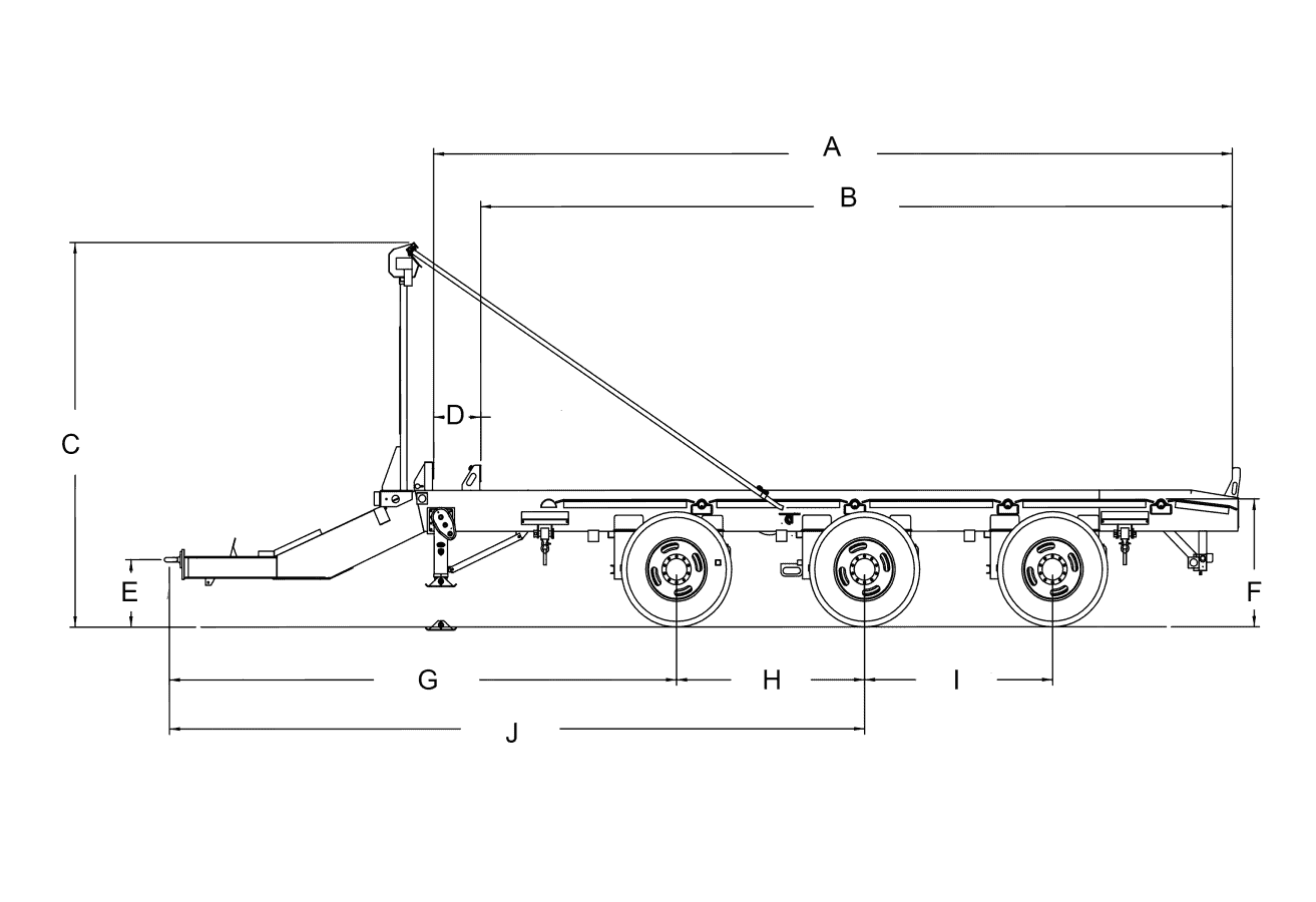 Technical drawing of roll-off dead pup trailer